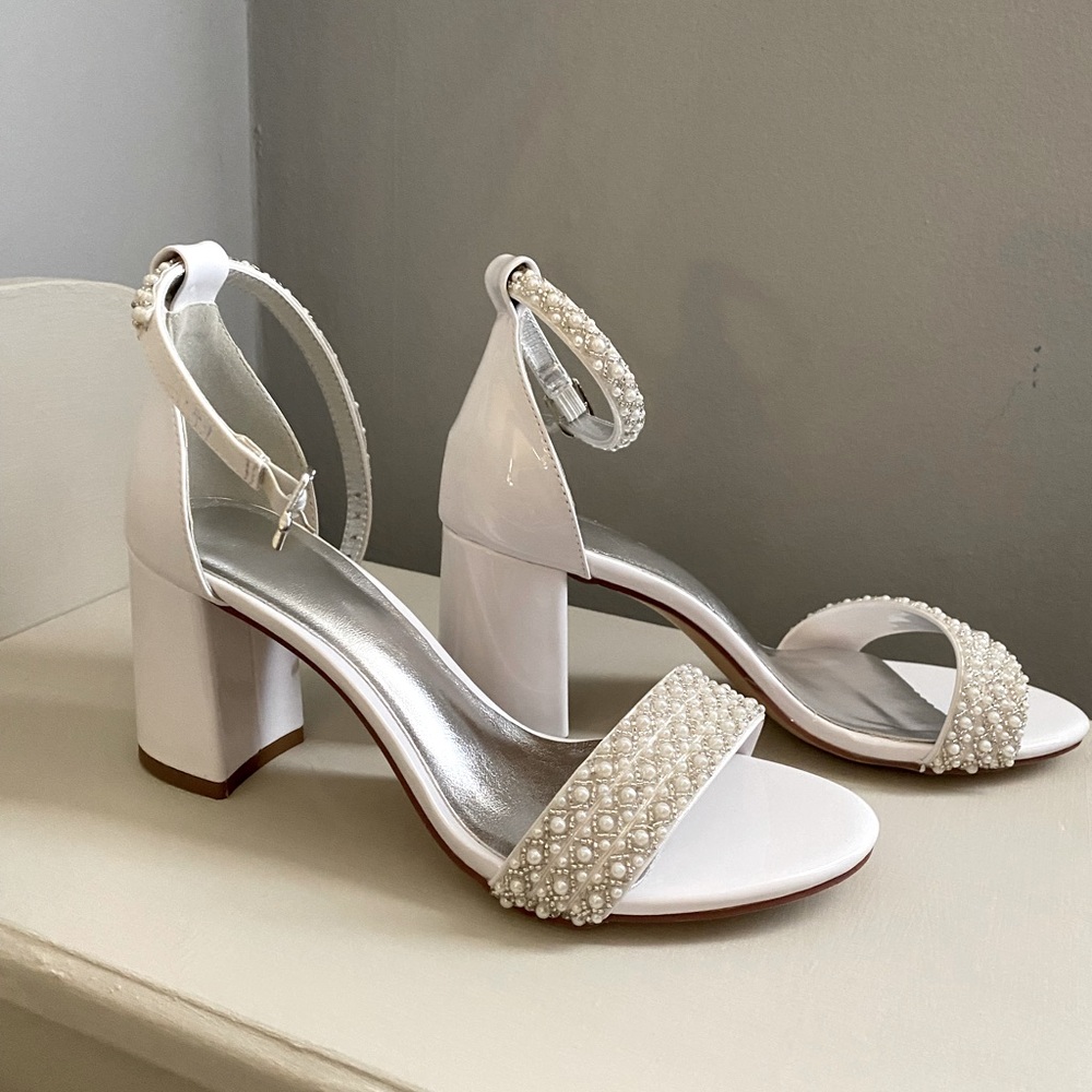 White pearl high heels with pearl wrapped ankle straps!